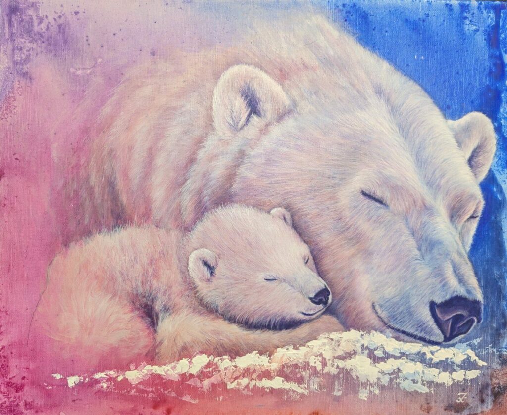 Douceur polaire, peinture acrylique d'une ourse blanche et de son ourson par IrisColors