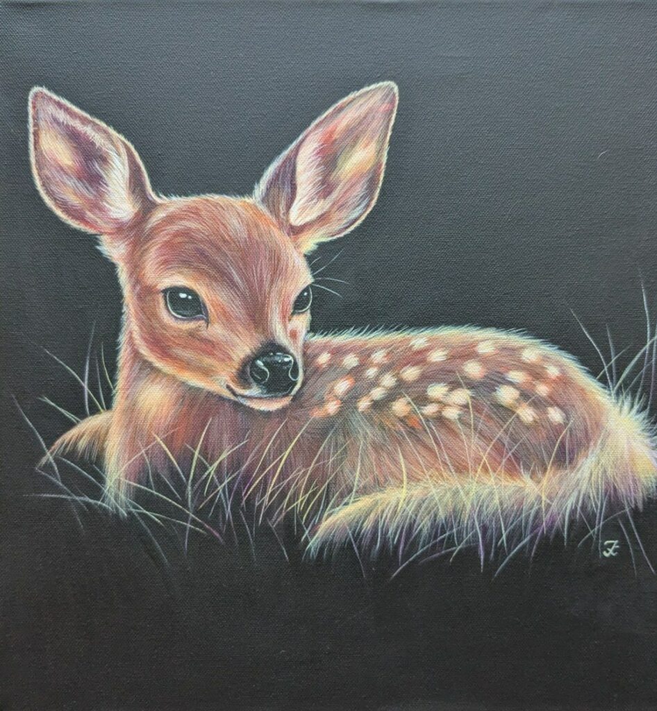 Faon, peinture acrylique d'un faon couché sur fond noir par IrisColors
