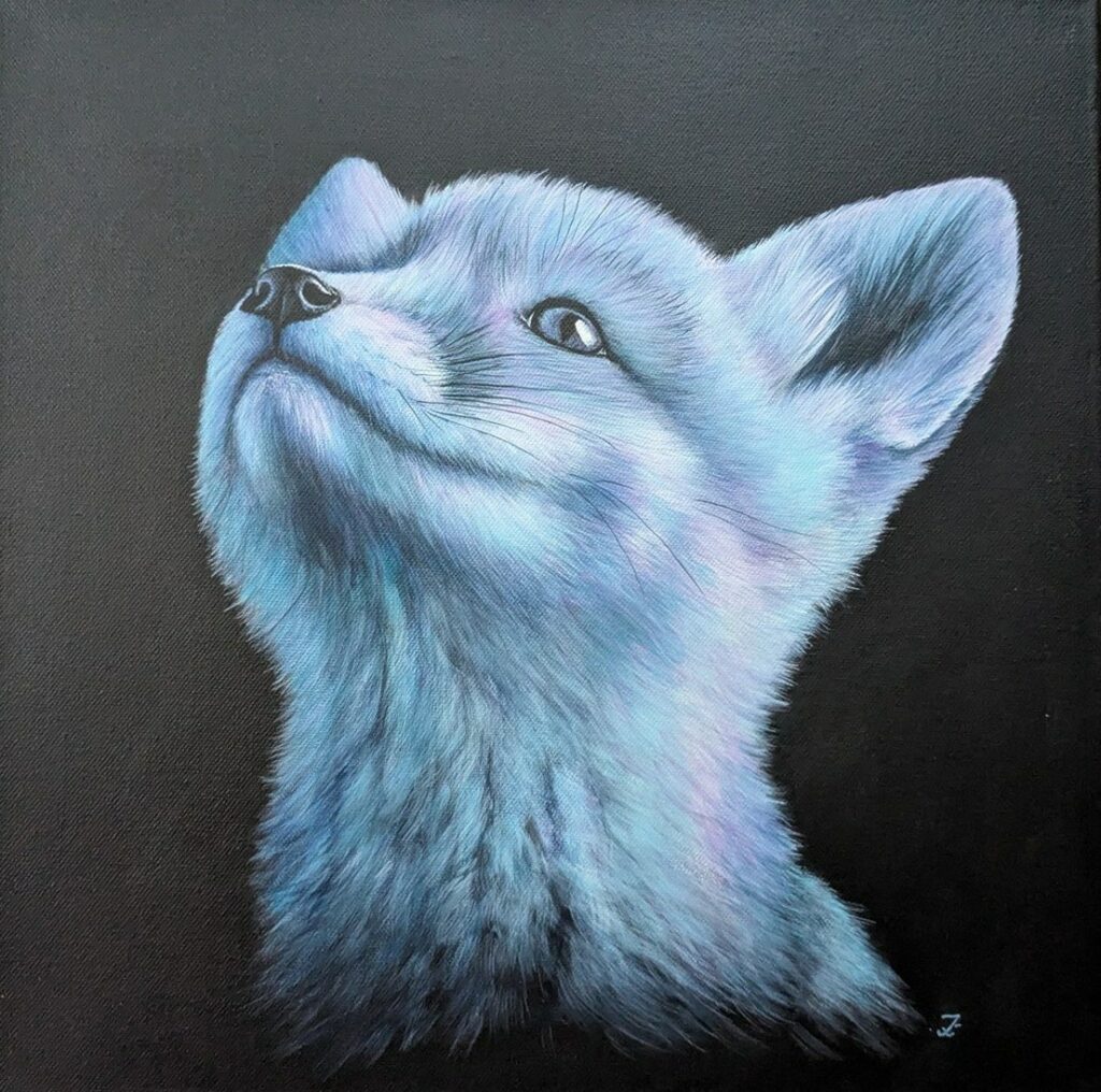 Goupil, peinture acrylique d'un renard bleu levant la tête par IrisColors