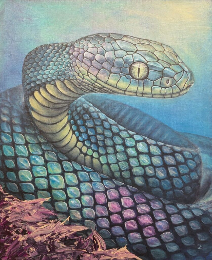 Hypnose, peinture acrylique d'un serpent aux écailles colorées par IrisColors