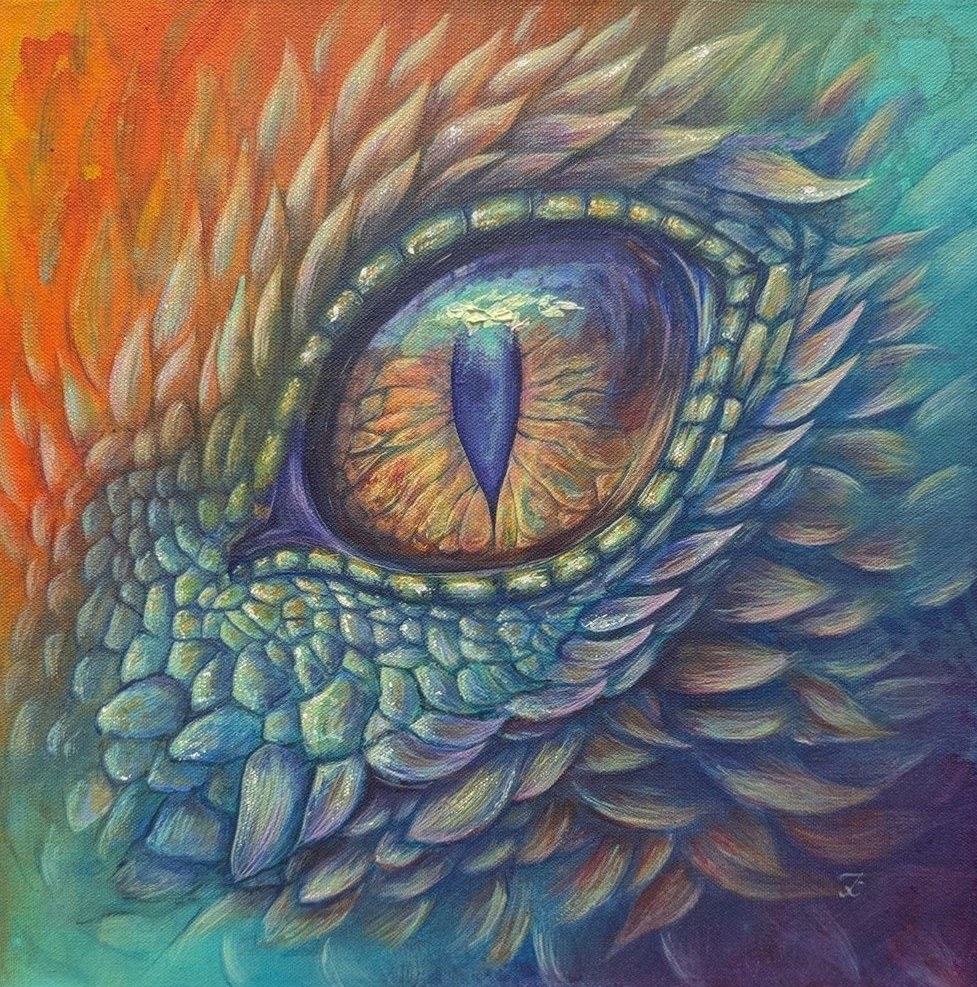 I see you, peinture acrylique d'un oeil de dragon orange et vert par IrisColors