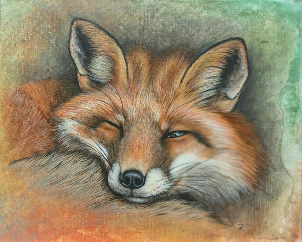 Je te vois, peinture acrylique d'un renard roux endormi par IrisColors