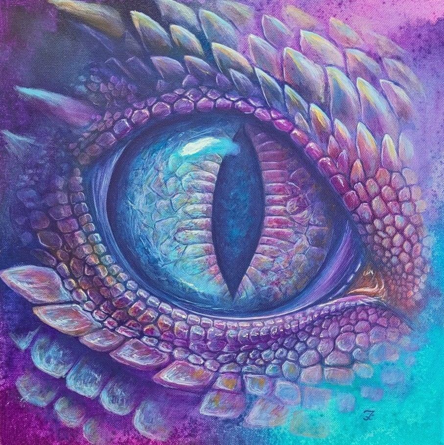Oeil de dragon, peinture acrylique d'un oeil de dragon rose et turquoise par IrisColors