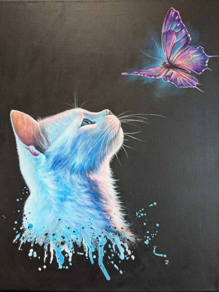 Papillon des songes, peinture acrylique d'un chat blanc et d'un papillon par IrisColors