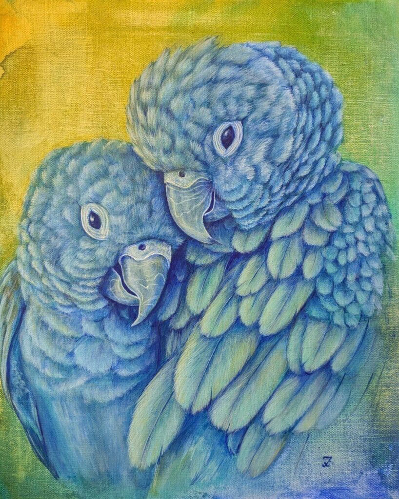 Perroquets, peinture acrylique de deux perroquets bleus par IrisColors